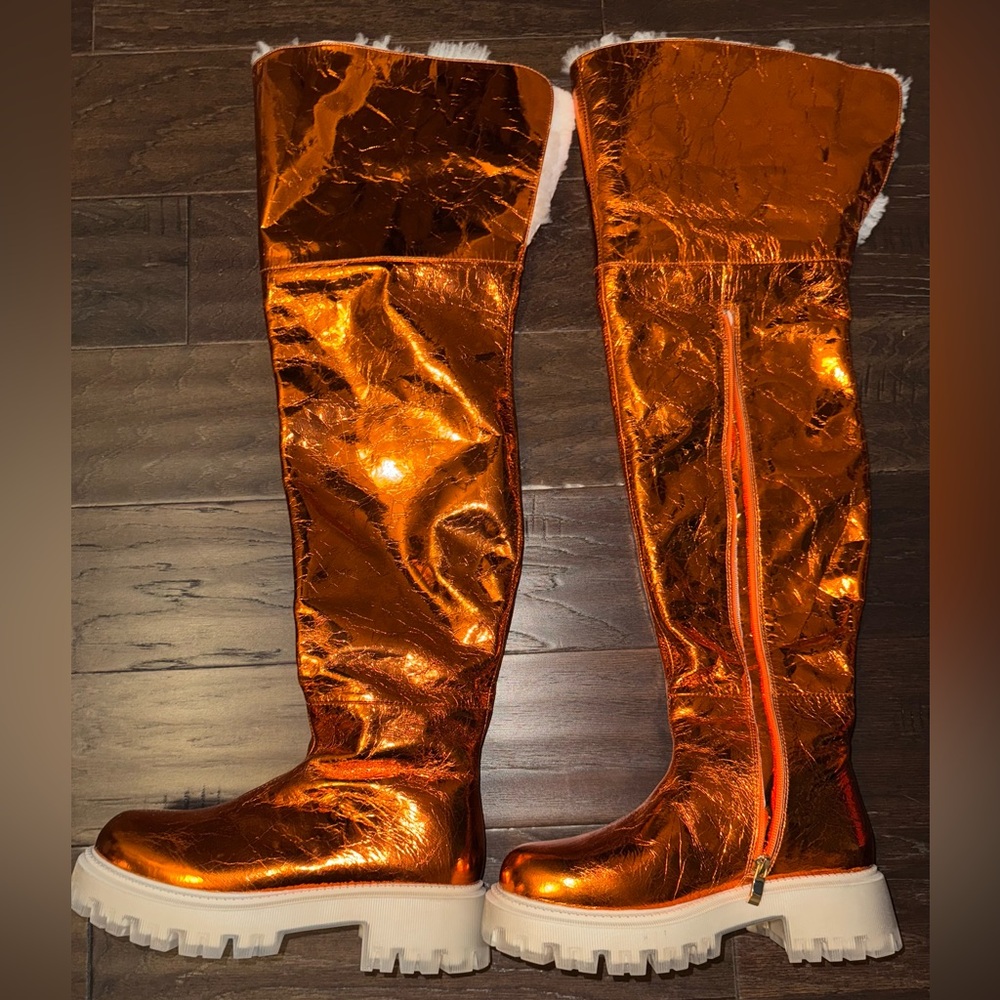 Jenniferle orange foiled over the knee boots